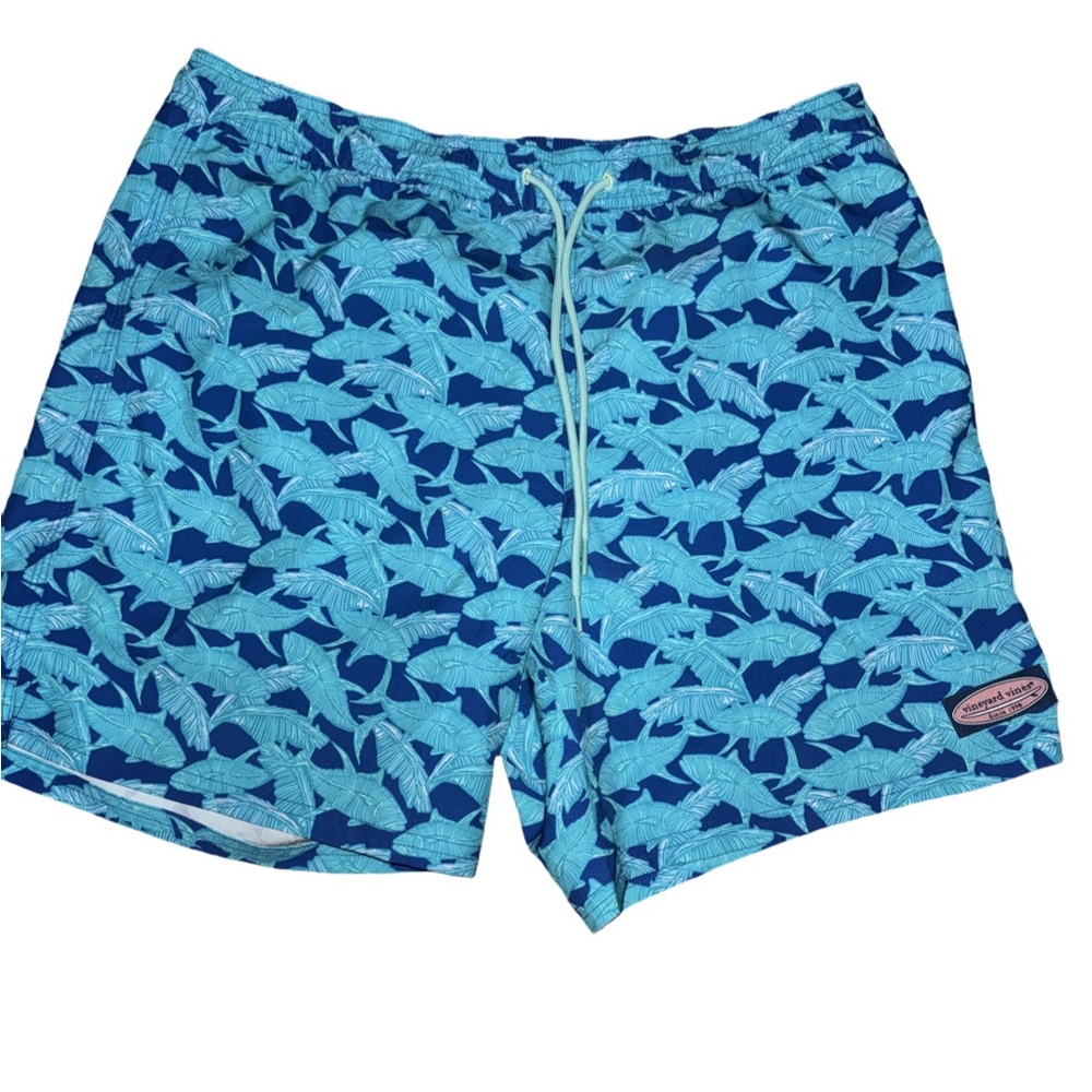 Vineyard Vines Mens Medium Swim Trunks Blue Aqua Fish Print Swim Shorts